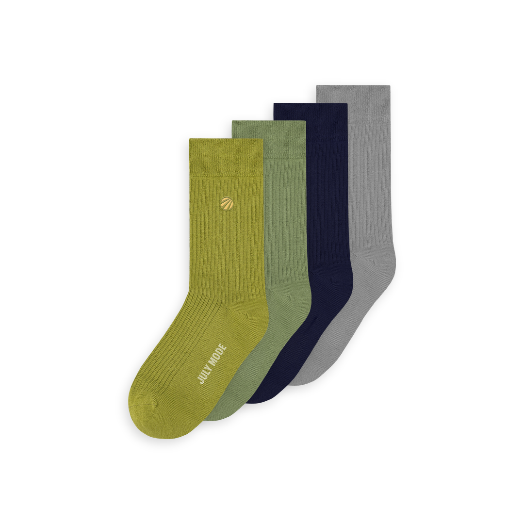 Organic Cotton Crew Socks, 4 pairs, Trailhead: Pickle, Cyprus, Deep Sea, Pebble