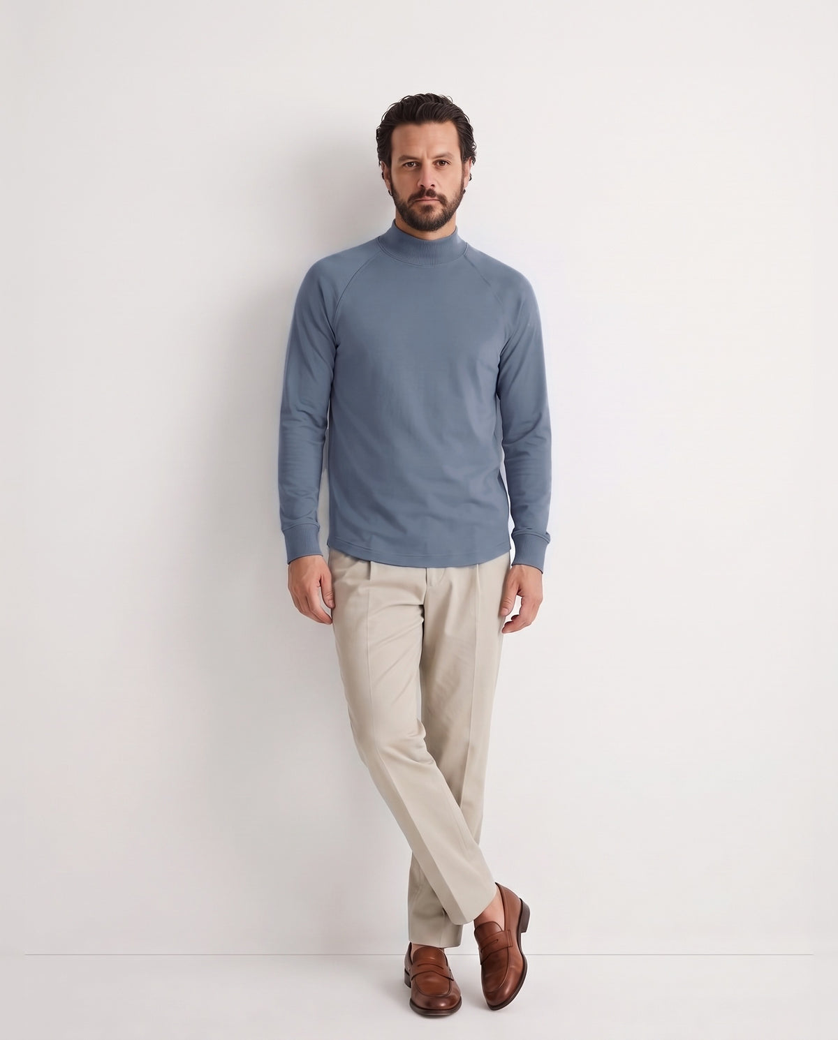 Pima Hi-Neck in Blue Jay, on model