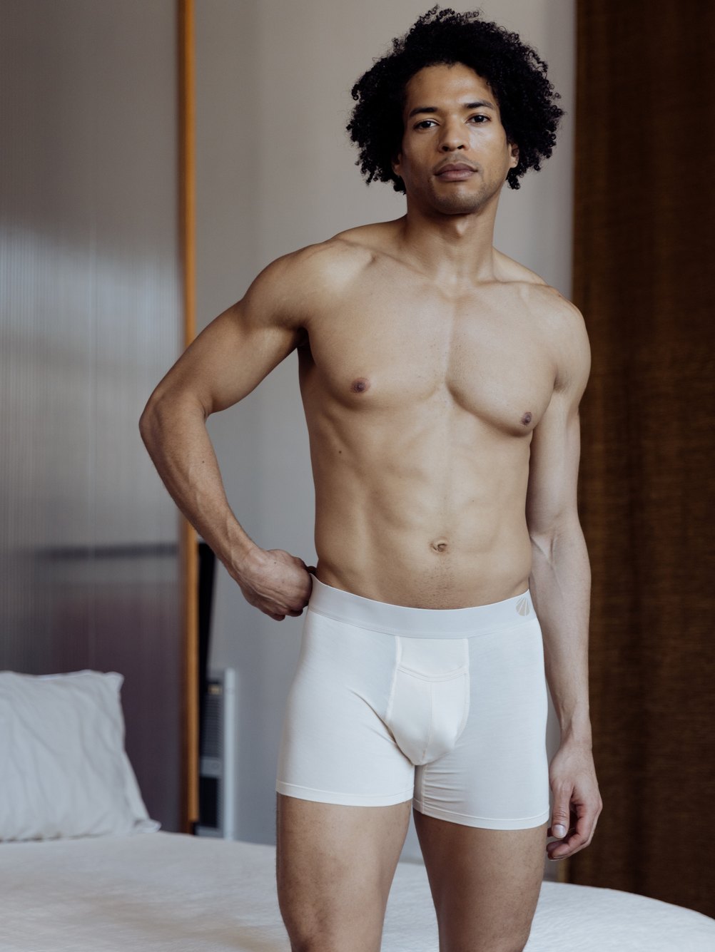 Man in a white Eco-Luxe Boxer Brief