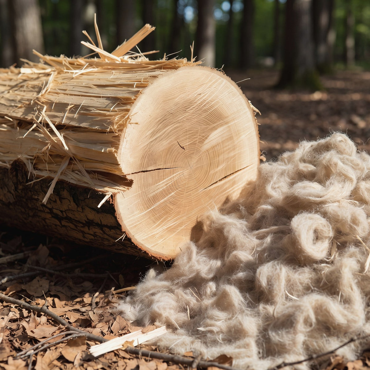 Beech log with a pile of wood pulp fiber