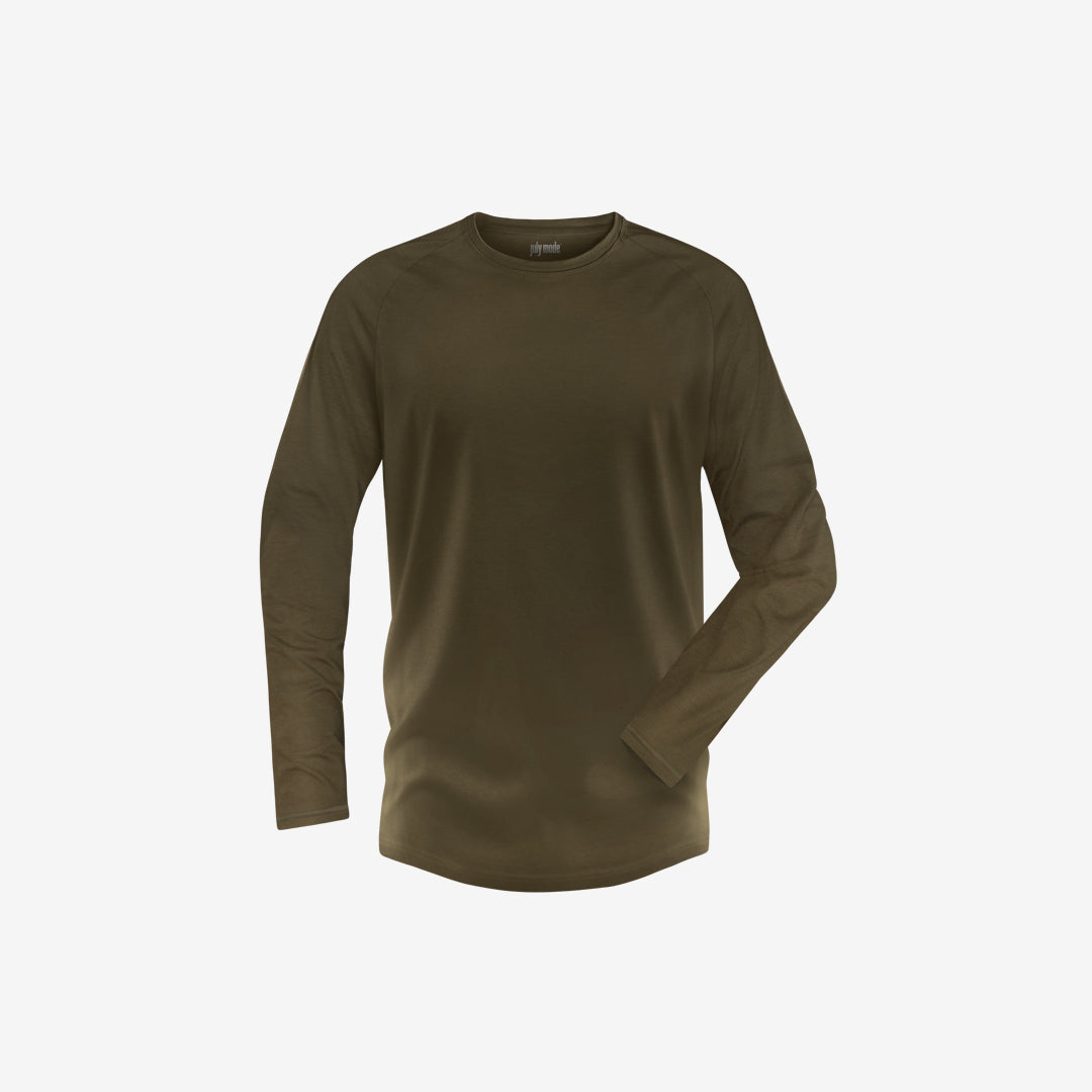 A long-sleeved green bamboo crew neck t-shirt.