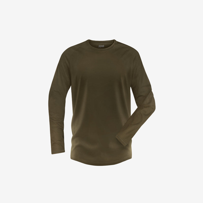A long-sleeved green bamboo crew neck t-shirt.