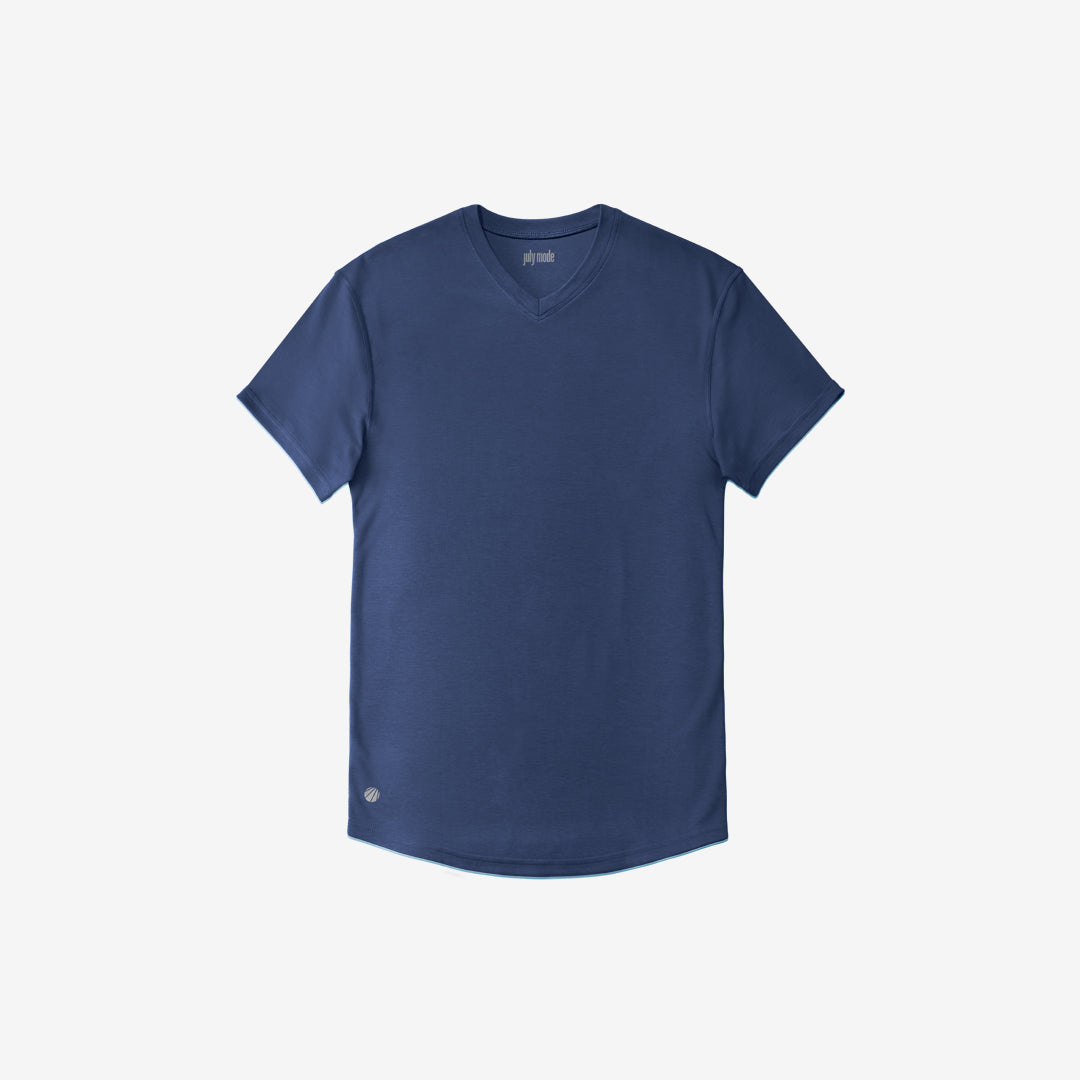 A navy blue V-neck t-shirt made with a signature fabric, displayed against a white background.