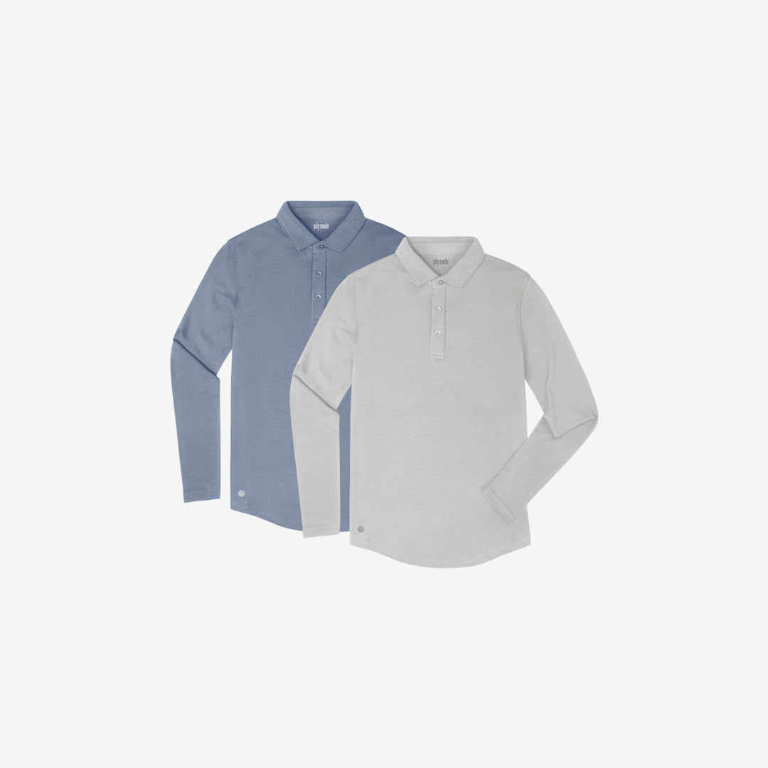 Two polo shirts, one in blue and one in grey, displayed against a white background.