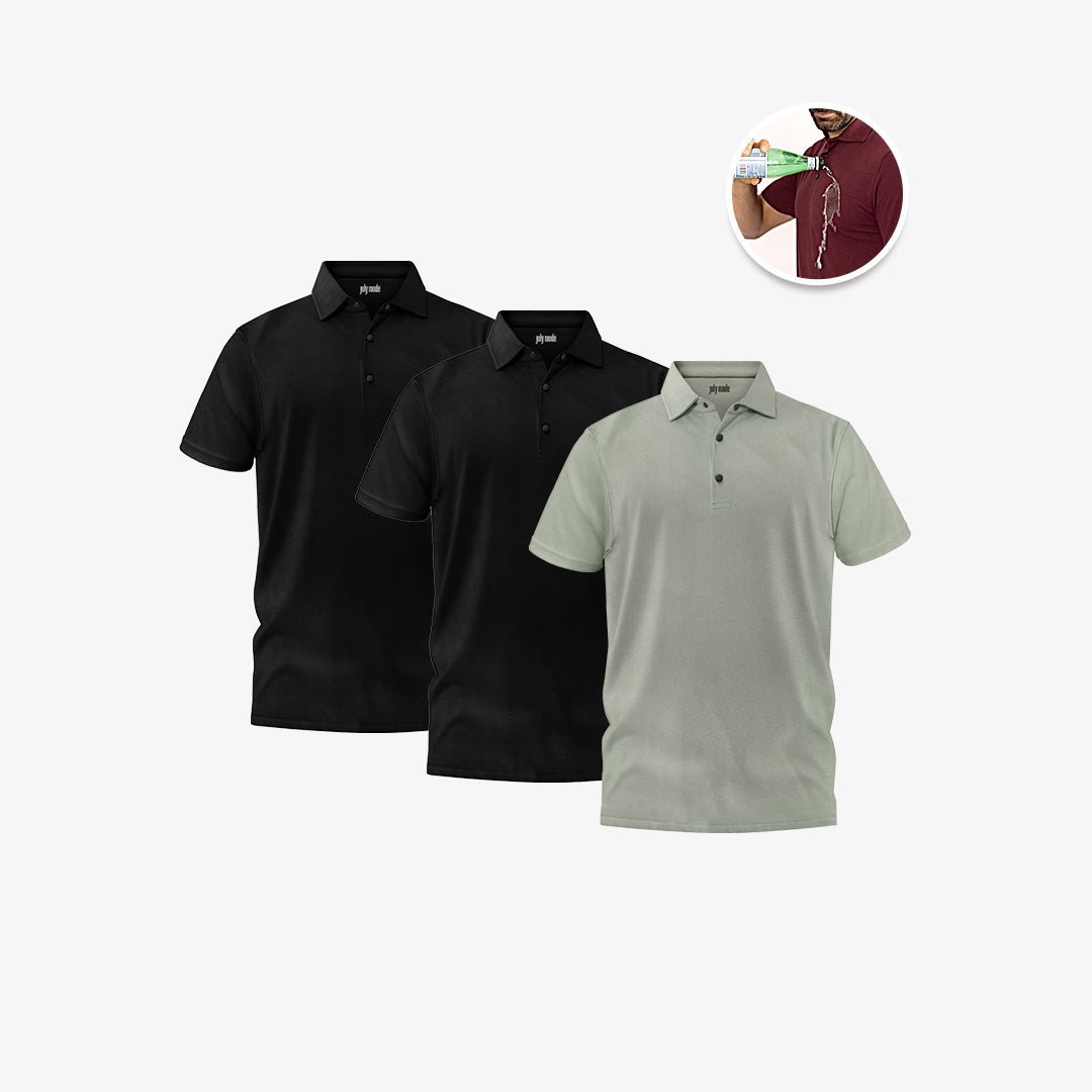 Two polos side by side, one black and one gray, with a small inset image showing a person wearing the black polo.