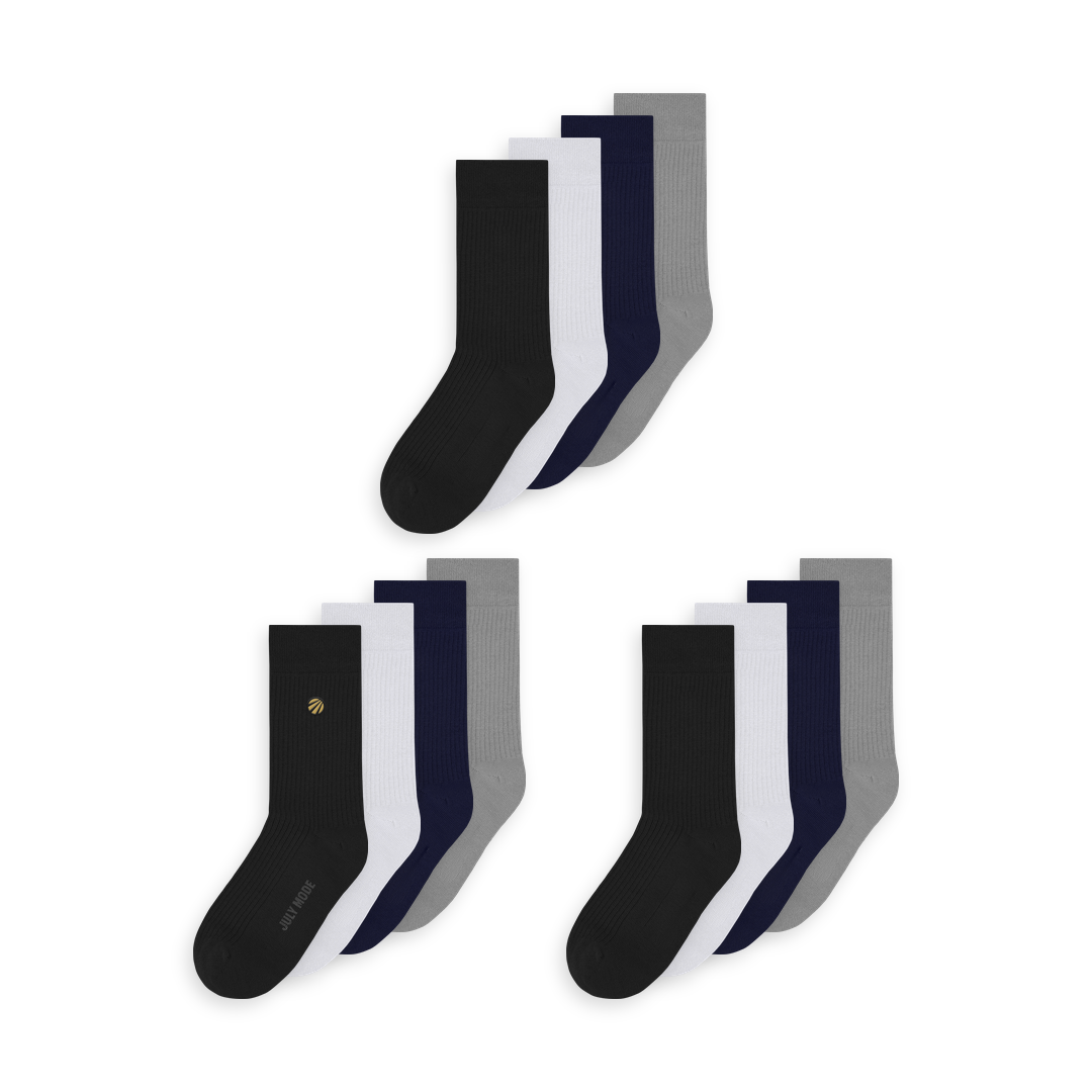 Organic Cotton Crew Socks, 12 pairs, Everyday Dozen: Black Coffee, Sea Salt, Deep Sea, Pebble