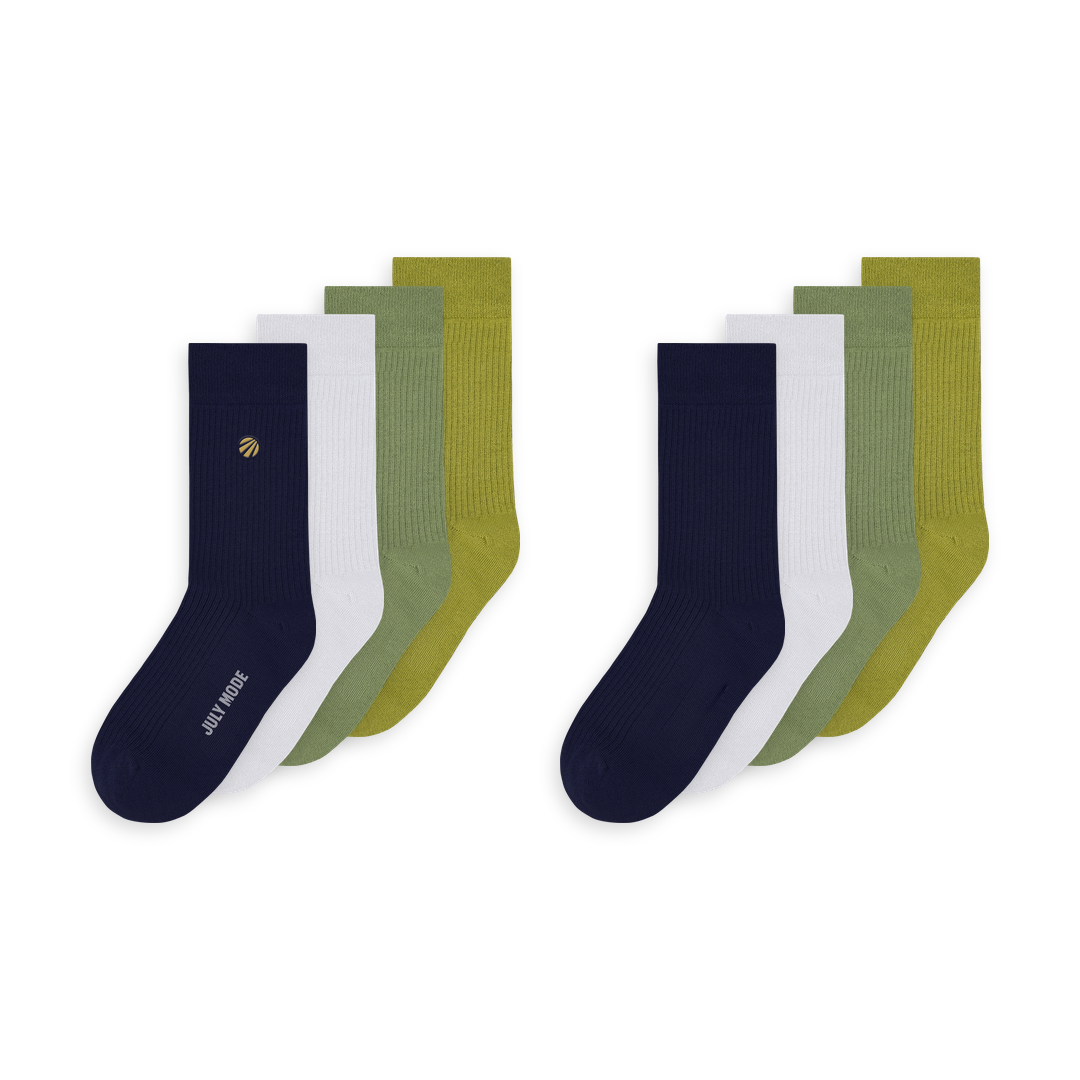 Organic Cotton Crew Socks, 8 pairs, Weekend: Deep Sea, Sea Salt, Cyprus, Pickle