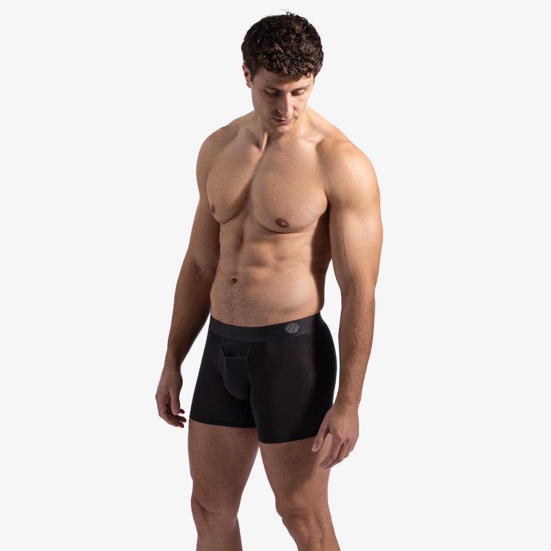 Man wearing black boxer briefs on a white background