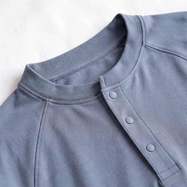 Close-up of Pima cotton interlock knit, henley placket